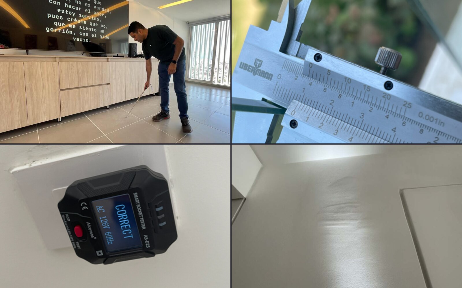 Collage de mediciones y pruebas realizadas durante inspecciones técnicas de inmuebles
